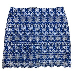 Boho Feminine Coastal Embroidered Mini Skirt Scalloped Blue White Size 4 Preppy